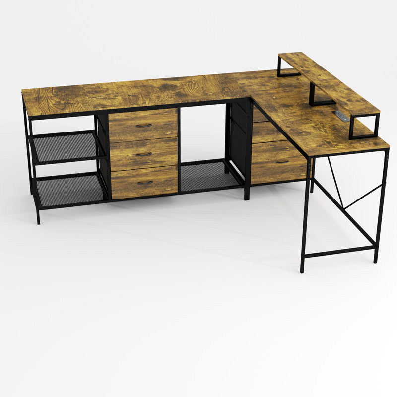 114 Inch L-Shaped Desk With Power Outlets & USB-C, Industrial Computer Desk With 6 Fabric Drawers, 3 Open Shelves & Movable Monitor Stands, Large Corner Office Desk For Gaming, Rustic Brown