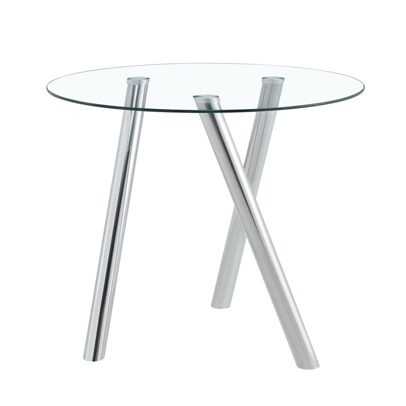 Table de salle à manger 35 po pour 4 personnes avec base en métal et plateau en verre, Argent argent, Transparent