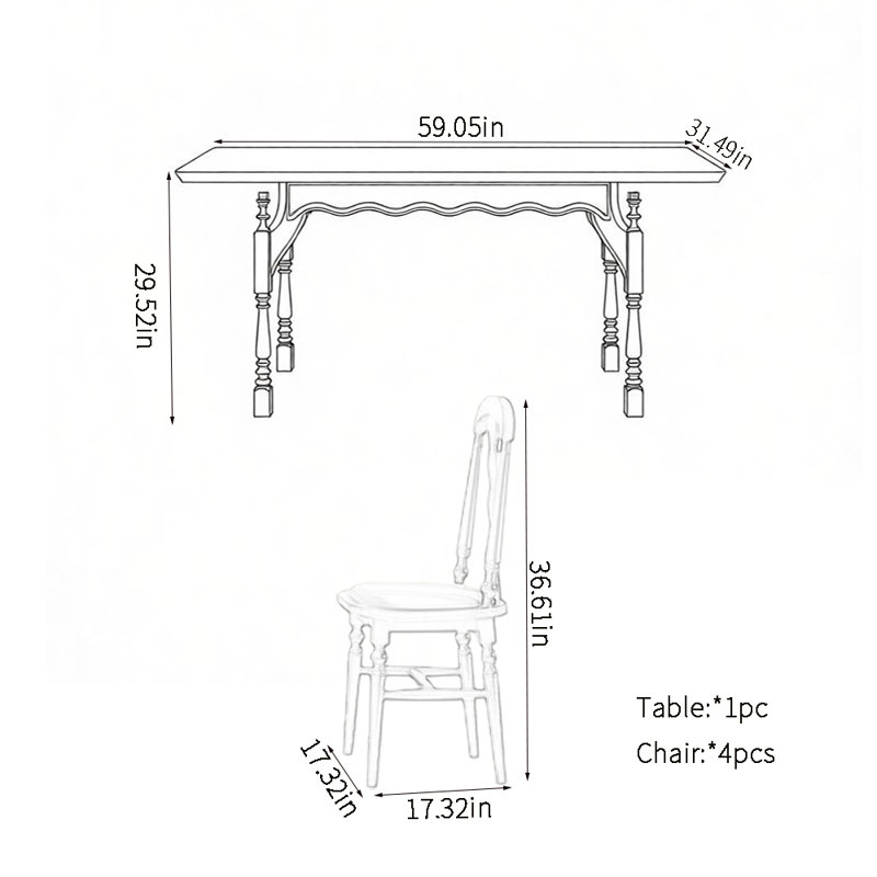 Ensemble de table de salle à manger rétro haut de gamme, 5 pièces: table, 4 chaises, H 29,52 po x L 59,05 po x l 31,49 po