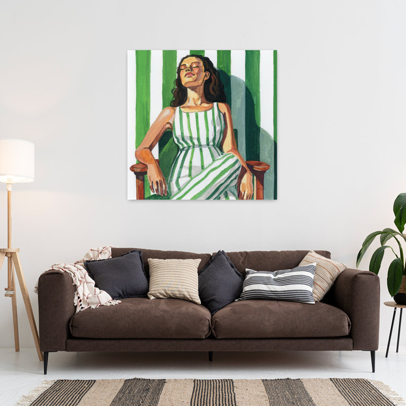 «Relaxing In A Striped Dress», art contemporain, H 36 po x l 36 po
