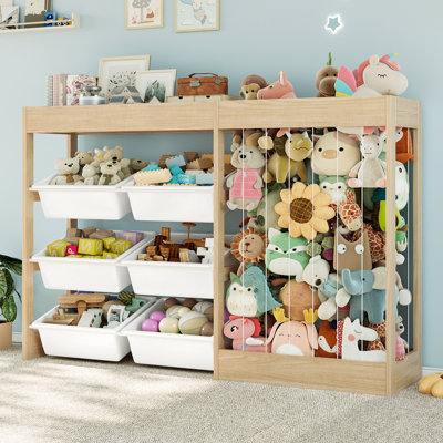 Rangement de jouets l 50,6 po avec 6 bacs en plastique, grand organisateur de jouets 3-en-1, rangement pour animaux en peluche, armoire pour tout-petits en bois pour chambre d'enfant, salle de jeux, chambre de bébé (chêne)