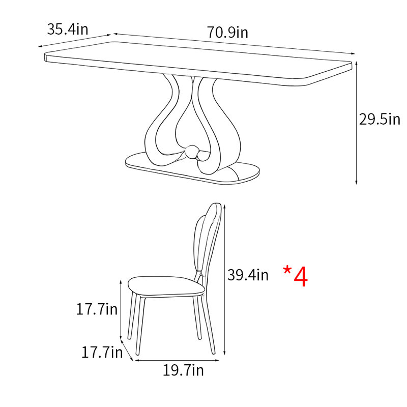 Luxury modern rectangular dining table sets, 29.5"H x 70.9"L x 35.4"W