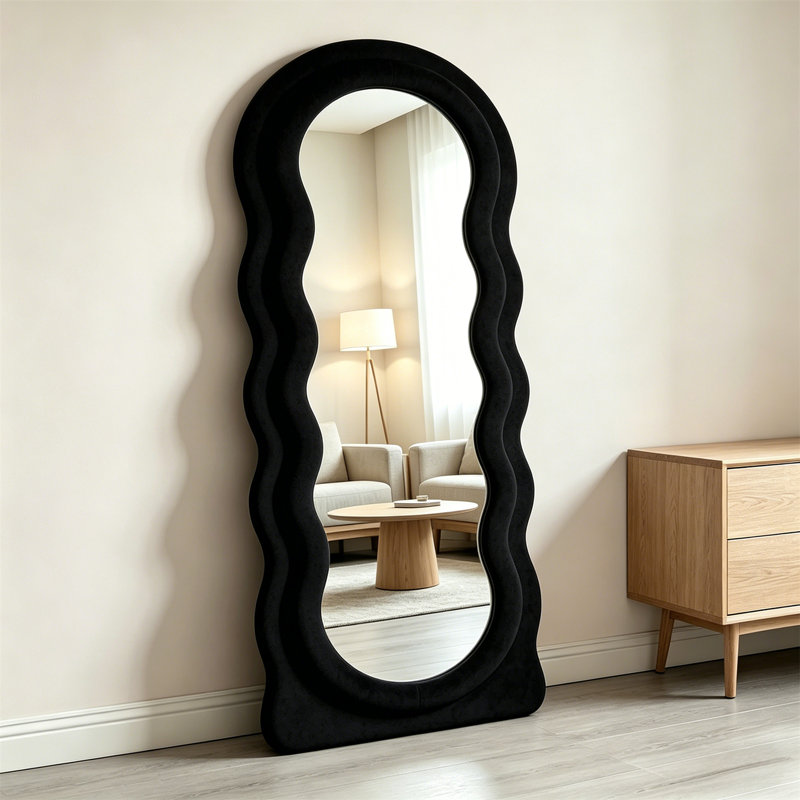 Irregular Wavy Full-Length Mirror – Large Floor Or Wall-Mounted Standing Mirror With Flannel-Wrapped Wooden Frame, Ideal For Bedroom & Living Room
