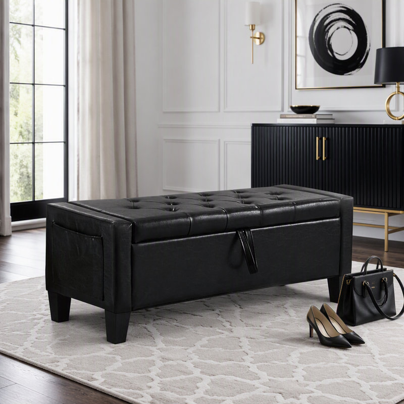 Repose-pieds avec rangement, banc de repose-pieds avec charnière de sécurité, poids de 350 lb, Black-PU