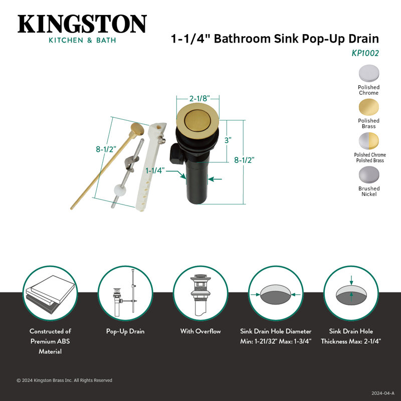 Drain de lavabo de salle de bain escamotable avec trop-plein, Chrome poli
