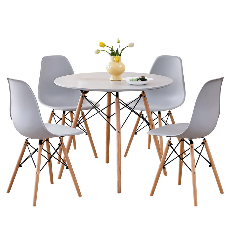 5-Piece Round Dining Table Set for 4, 35.5” Kitchen Table with Chairs, Solid Wood Legs, Plastic Seats, Gray, Gray, Gray