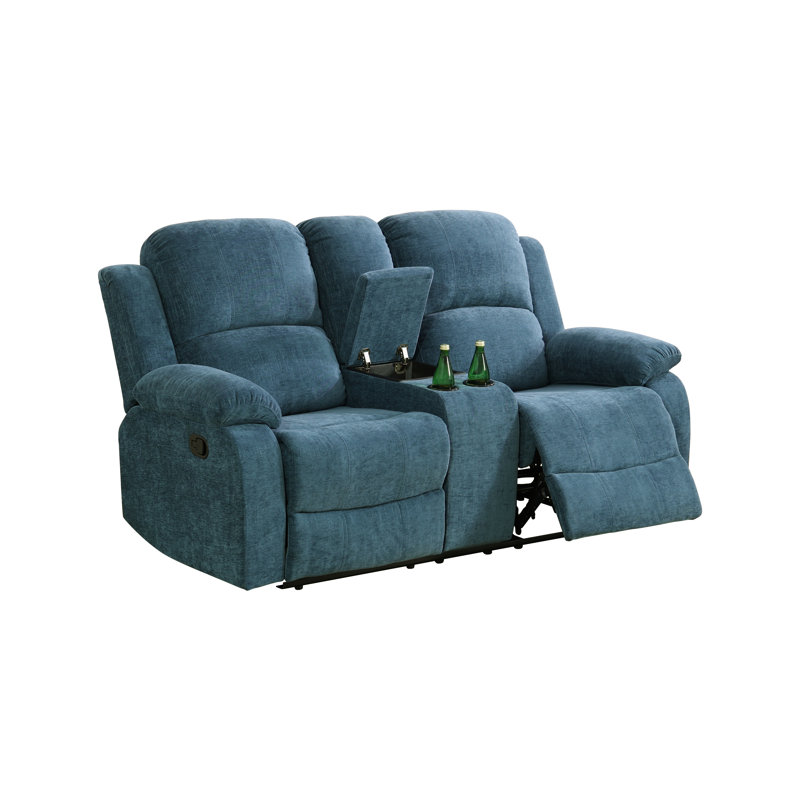 Hudson Light Blue Fluffy Fabric Manual Recling Loveseat, Blue Fabric