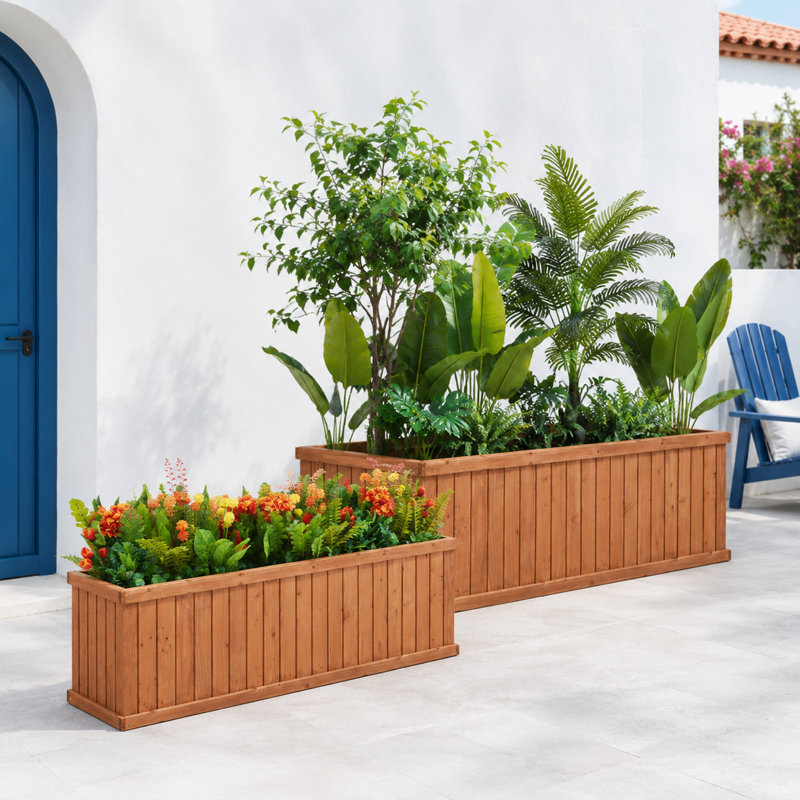 2-Piece Cedar Wood Outdoor Planter Box Set with Drainage, 60-Inch and 72-Inch Rectangular, Brown