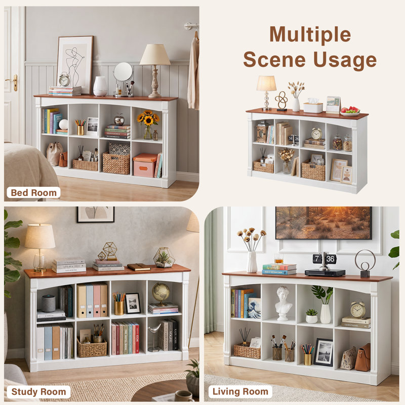 Étagère de rangement à 8 cubes en bois bicolore (55,11 × 12,51 × 28,46 cm) avec tablette cubique à 2 niveaux et finitions décoratives en bois. Modèle autoportant en noyer blanc.
