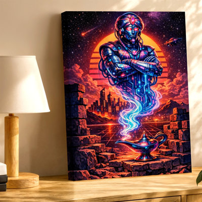 Futuristic Robot Genie Sci Fi City Sunset Space Canvas Wall Art Print, Coordinated Color Stylish Poster Artwork For Living Room Decor, Gallery Wall Accent, Modern Home Decor