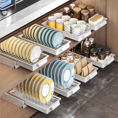 Pull Out Cabinet Organizer, Pull Out Dish Racks, Cabinet Slide Out Dish Drying Rack With Drainboard, Carbon Steel Sliding Drawer Pantry Shelf