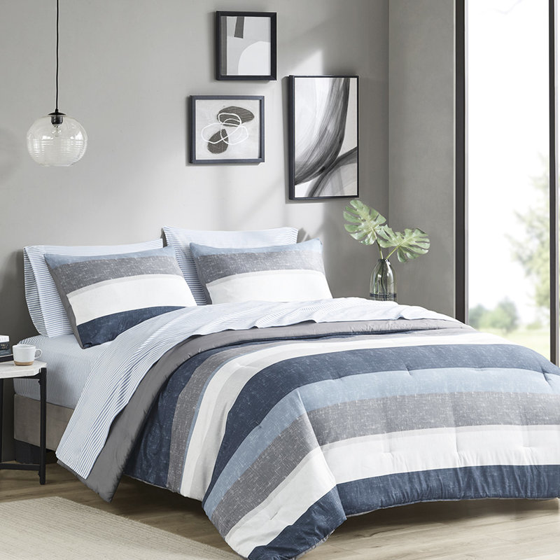 Lit d'édredon à rayures en bleu, gris - Option et drap pour chambre à coucher douce et chaude