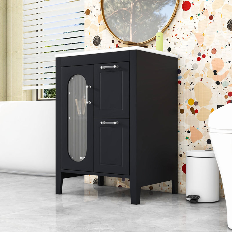 Meuble-lavabo simple autoportant contemporain avec porte en verre Moru et tablette réglable, Noir