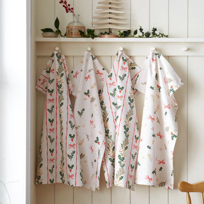 Christmas Holly Stripe Cotton Kitchen Tea Towel Pack of 4