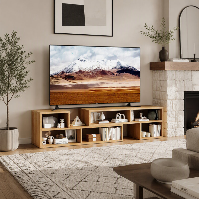 Meuble télé modulaire Freestyle, console multimédia réglable en bois clair avec compartiments de rangement ouverts, centre de divertissement minimaliste moderne, meuble télé à combinaison libre pour le salon