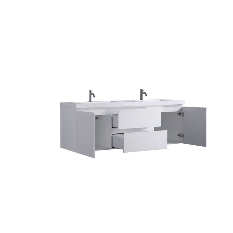 60" White Double Sink Floating Vanity with Resin Top