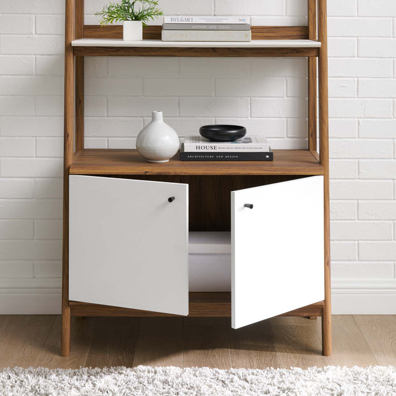 Walnut White 71" Tall Ladder Bookshelf with Concealed Storage