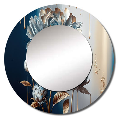 Pelak Ice Blue Zinnia Flowers - Zinnias Mirror, Traditional Round Decorative Wall Mirror, Printed Metal Art
