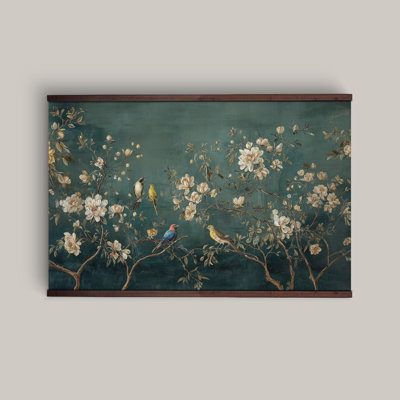 Chinoiserie Bird Wall Tapestry – Botanical Floral Canvas Wall Art, Teal Blue Nature Decor for Living Room, Bedroom & Dining Room