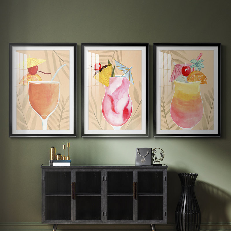 Tropical Cocktail I - Impression sur mesure encadrée de qualité supérieure - 3 pièces, H 15 po x l 19 po, Noir