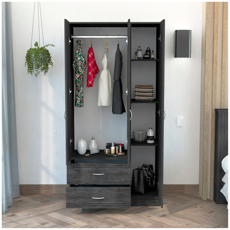 Armoire 3 portes avec deux tiroirs, tablettes et barre de suspension austral