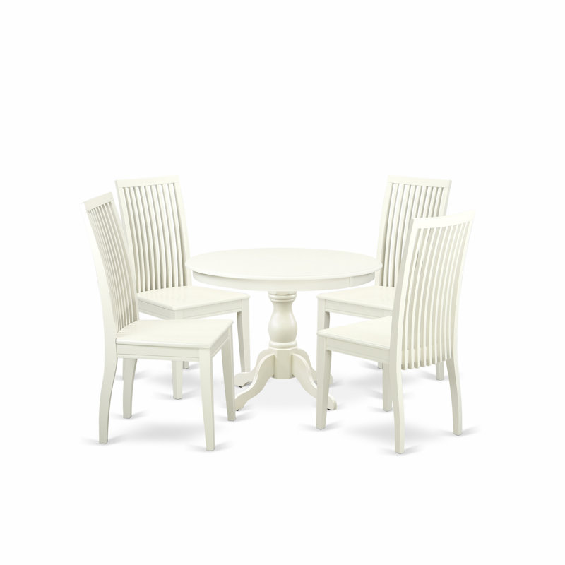 5 Piece Dining Room Table Set Includes a Round Dining Table with Pedestal and 4 Wood Seat Chairs, 42x42 Inch, Linen White, No