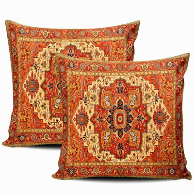 Persian Rug Inspired Pillowcase Set - Decorative Throw Pillow Covers with Square Design, Double-Sided Print - Pack of 2