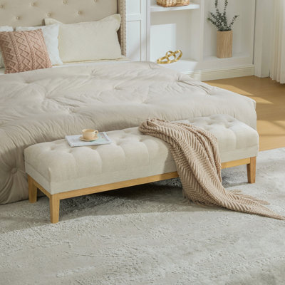 Banc ottoman capitonné en chenille de 160 cm de large, pieds en hévéa naturel, pour entrée/salon/chambre, couleur blé