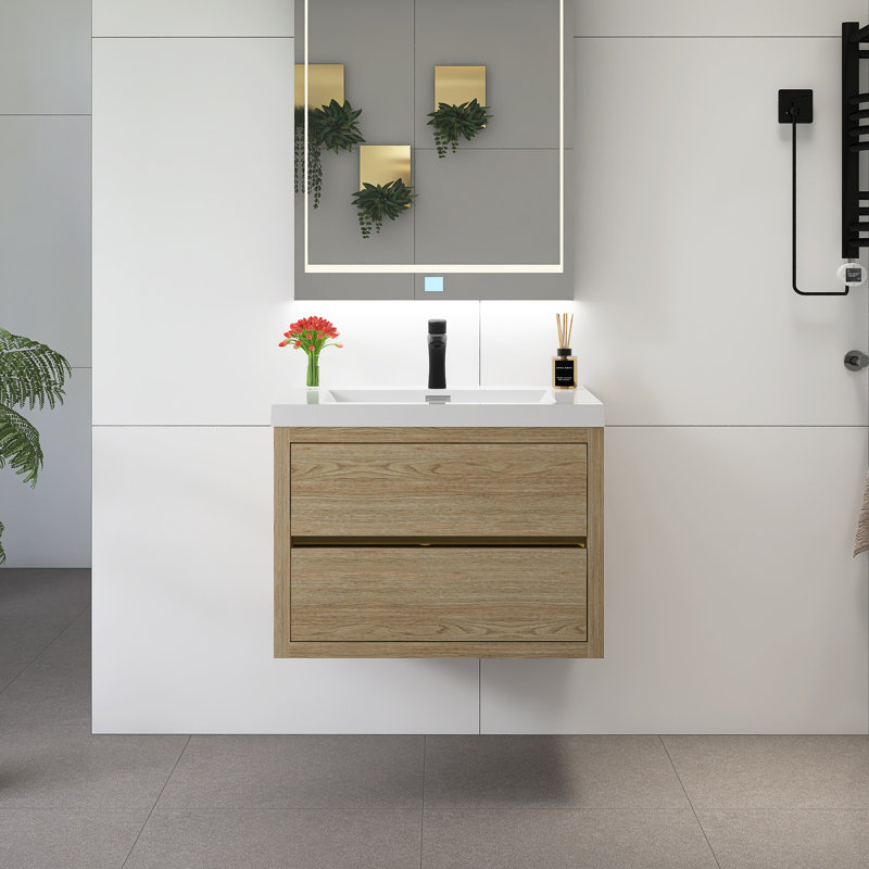 Meuble-lavabo mural 30 po avec lavabo, Chêne, bois naturel