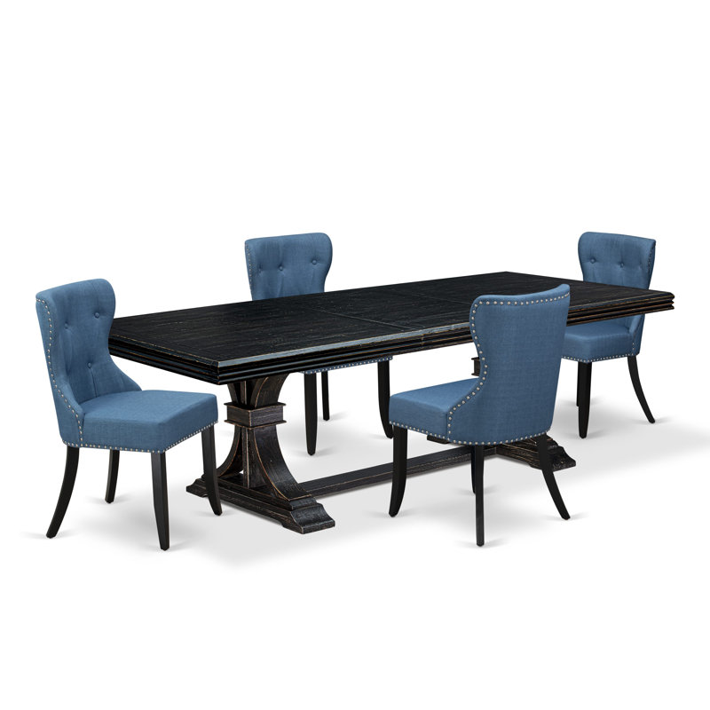 Cet ensemble de salle à manger 5 pièces Mid Century comprend une table de cuisine et 4 chaises de salle à manger en tissu de lin bleu avec dossier capitonné - Finition noire sablée