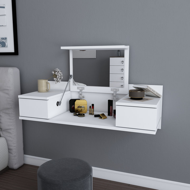 Bureau de coiffeuse flottant avec miroir Lenhardt, Blanc