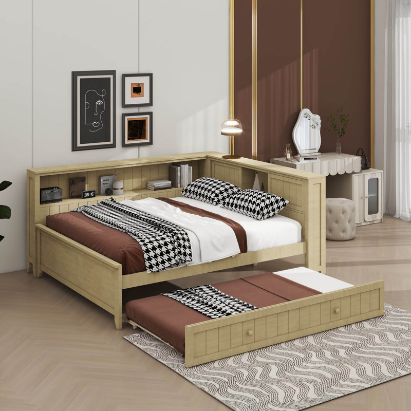 Lit de jour double en bois avec tablettes de rangement et lit gigogne