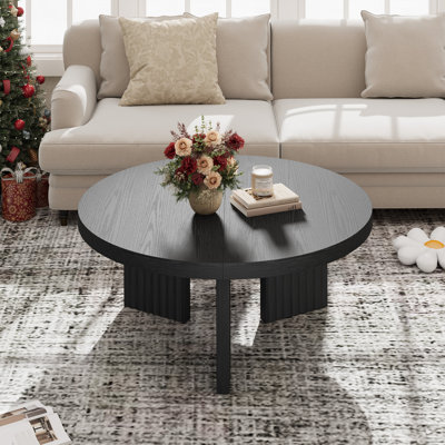 Round Coffee Table, 33.5" Circle Center Table with Fluted Legs & 1.3" Thick Top, Accent Sofa Tables for Living Room, Bedroom, Easy Assembly, Black