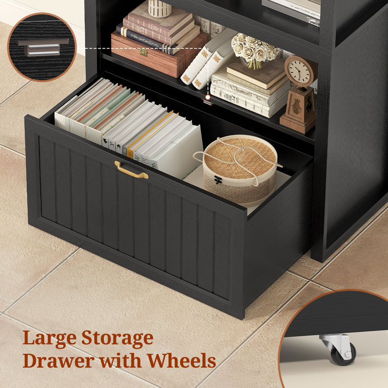 81" Tall Arched Bookshelf, 5-tier Bookcase With Storage Drawer, Black