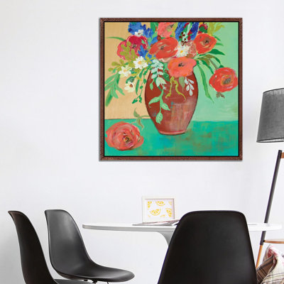 Vase Of Peach And Blue Roses by Robin Maria - Painting on Canvas