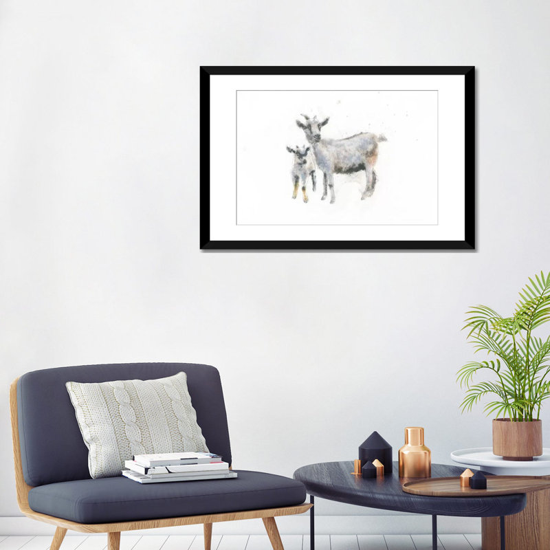 «Goat and Kid», impression sur toile tendue, Papier d'art encadré noir, Blanc, H 24 po x l 32 po x P 1 po