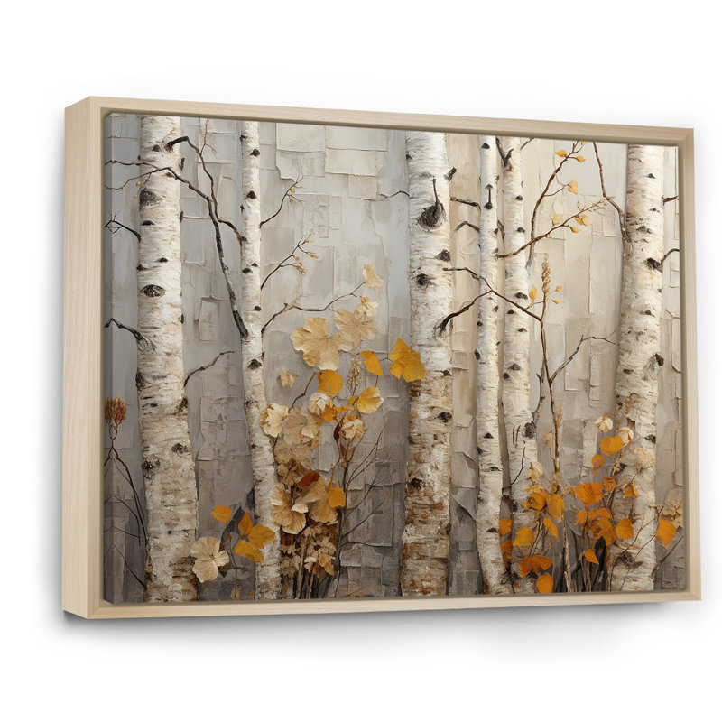 Élégance de bouleau d'automne - art mural grand arbre, Cadre flottant brun, H 34 po x l 44 po x P 1,5 po