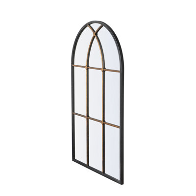 Large Arched Windowpane Wall Mirror - 28.3X47 Black And Gold Decorative Mirror For Home Decor | Gift Idea