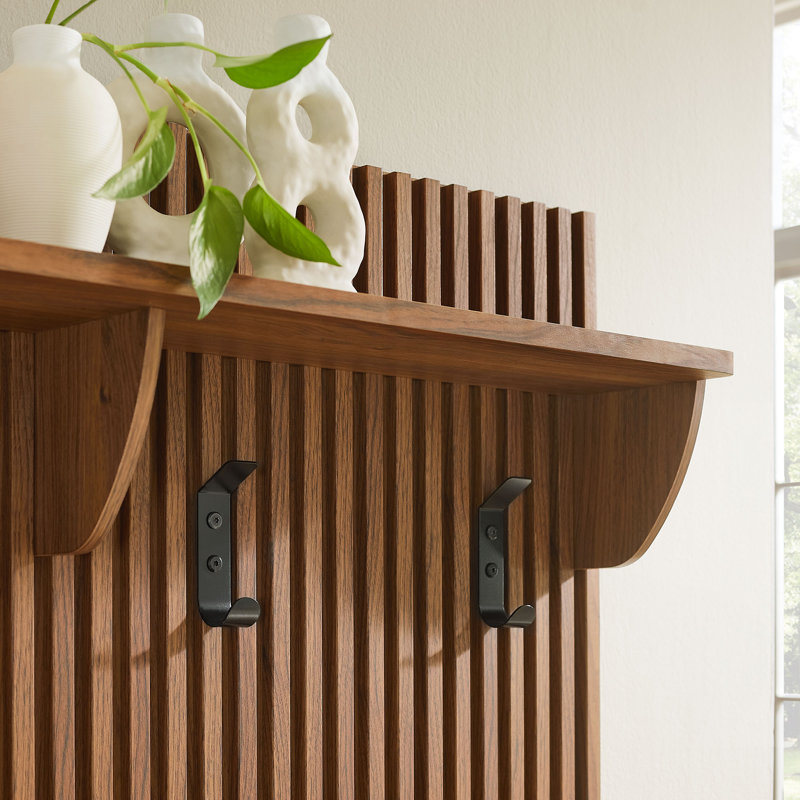 Render Fluted 3-in-1 Hall Tree With Storage Bench and Coat Rack In Walnut, Walnut
