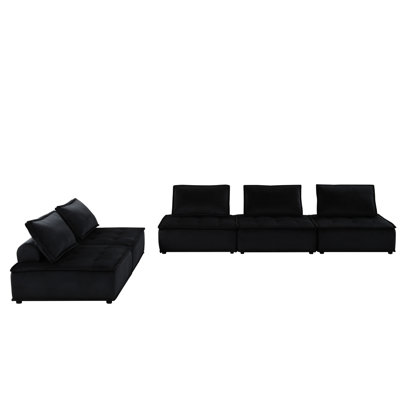120" Black Velvet Sectional With Comfy Seat 14.5" Height Plastic Legs