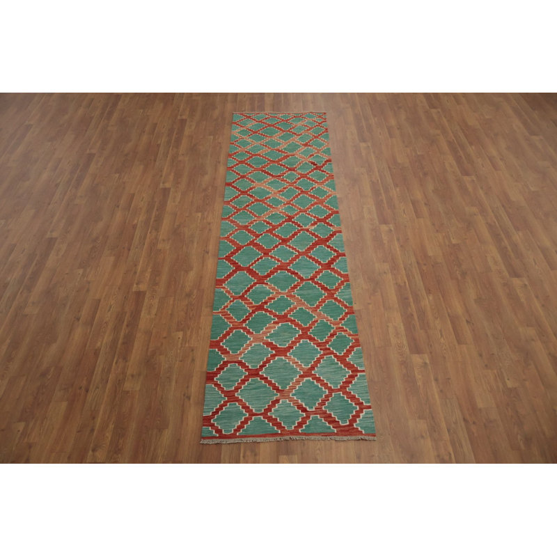 Modern Green Kilim Runner Rug 3x10 to Enhance Any Space