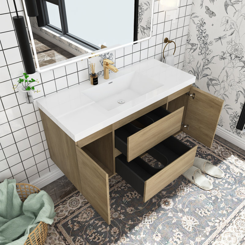 Ensemble de meuble-lavabo simple 48 po avec plateau en résine Temekia, Chêne naturel
