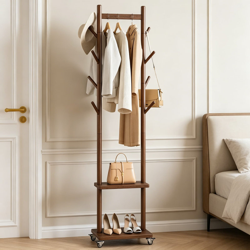 Portemanteau en bois massif autoportant avec roues, portemanteau roulant robuste avec 8 crochets et tablettes, portemanteau portatif pour suspendre les vêtements, portemanteau pour entrée, salon, chambre à coucher, noyer