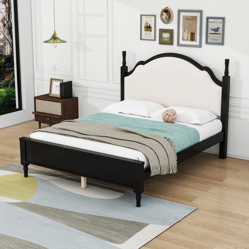 Lit plateforme en bois avec tête de lit tapissier, Black/Beige, Queen