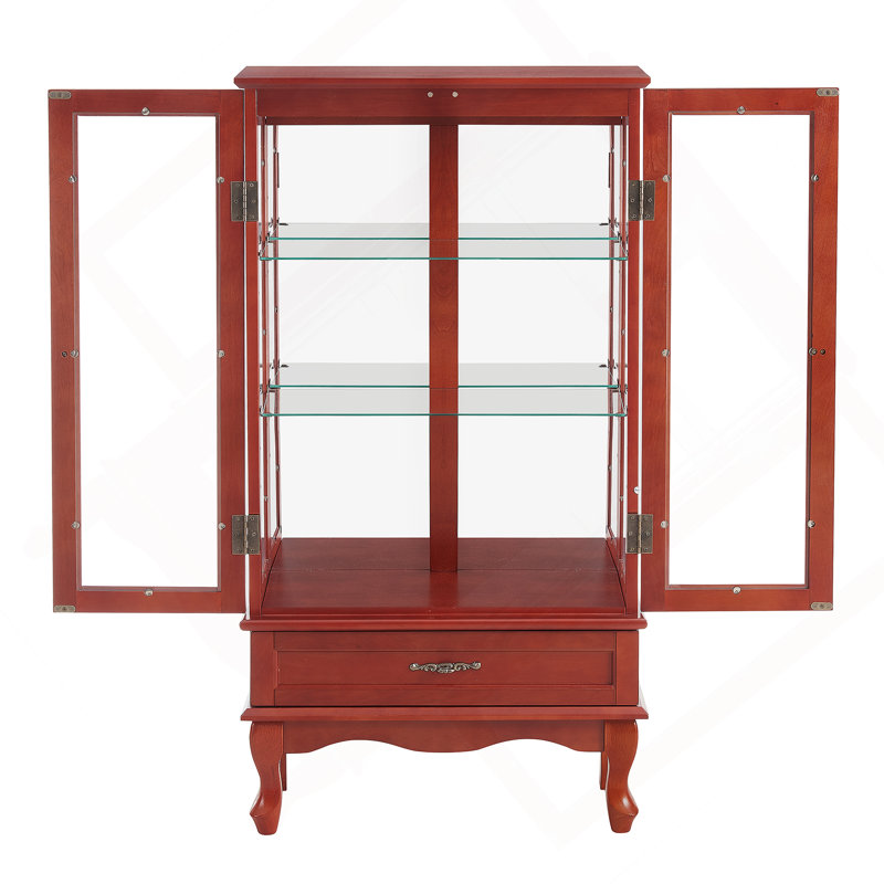 Vitrine lumineuse en verre avec tablettes réglables, deux portes et un tiroir pour une décoration polyvalente et un rangement efficace