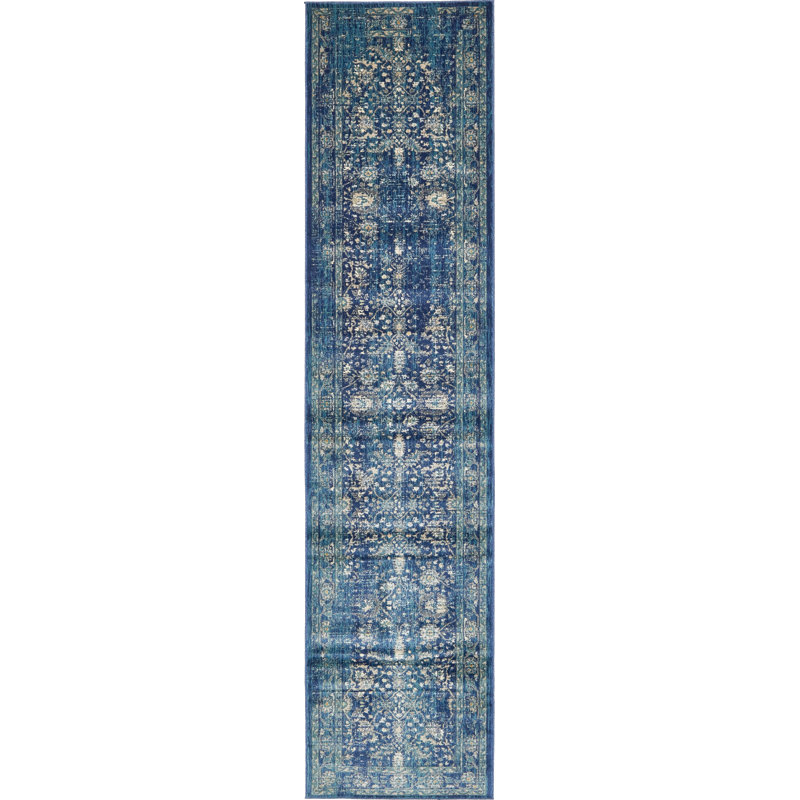 Tapis oriental bleu marine Wimpole, Tapis de couloir 2 pi 7 po x 10 pi