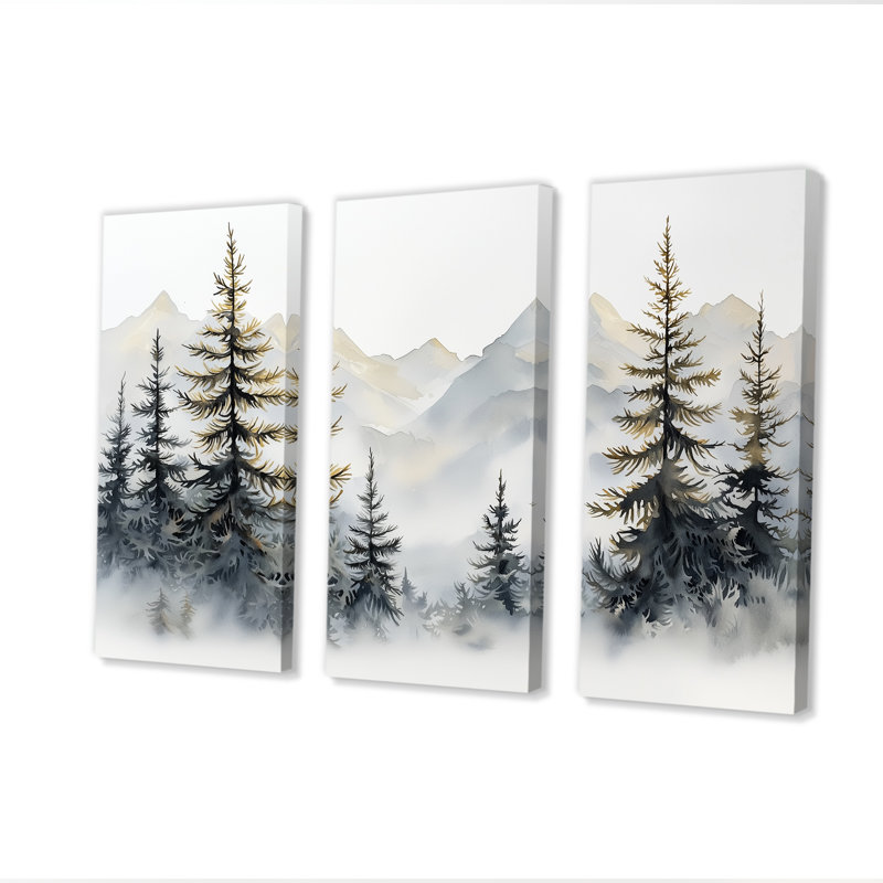 Green Pine Tree Misty Mountain - ensemble de reproductions d'art mural pin, Toile tendue, H 28 po x l 36 po x P 1 po
