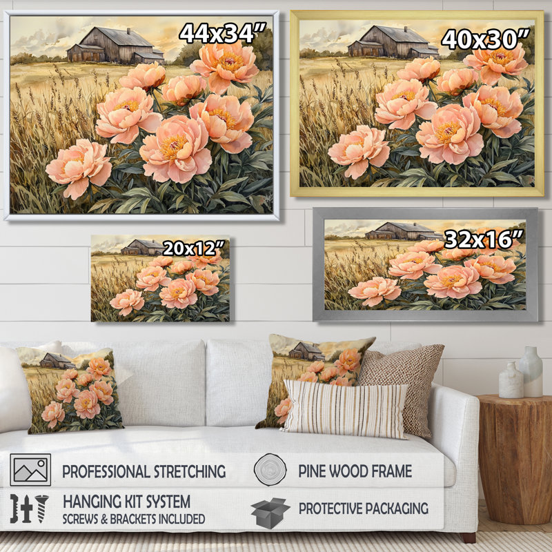 Dovil Farm, pivoines dans le bac à céréales IV - pivoines, art mural, Impression encadrée flottante, H 24 po x l 32 po, Doré
