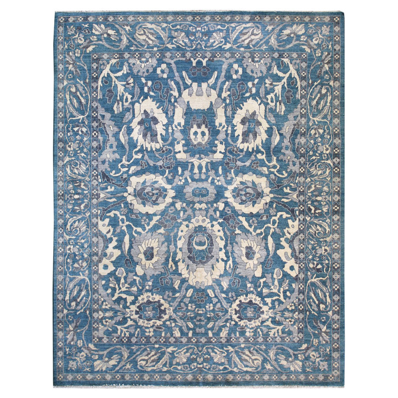 Tapis bleu en laine noué à la main de conception unique nouvel âge 7 pi 8 po x 9 pi 8 po Sultanabad