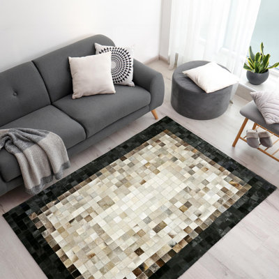 Tapis patchwork en peau de vache véritable avec bordure noire 3 pi x 5 pi